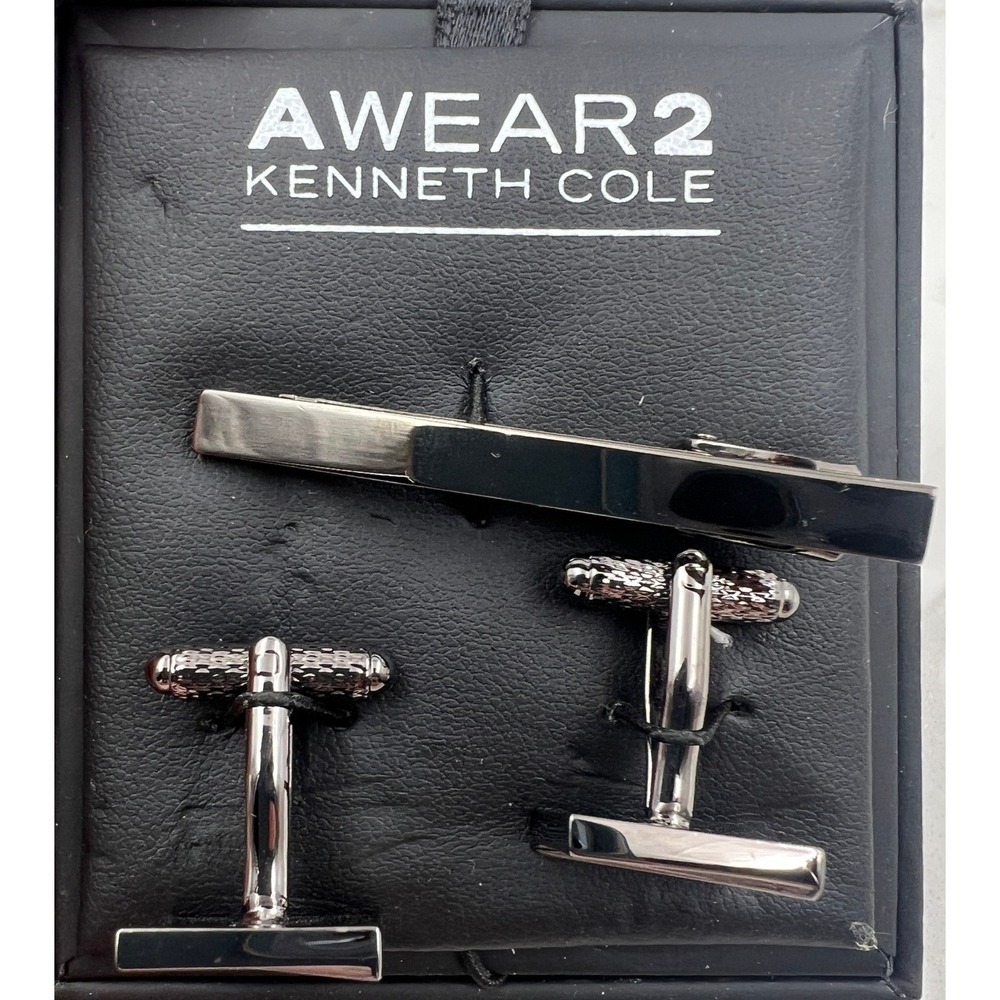 AWEAR 2 Kenneth Cole Cufflinks & Tie Bar SEt Men's Gunmetal Black Square NIB